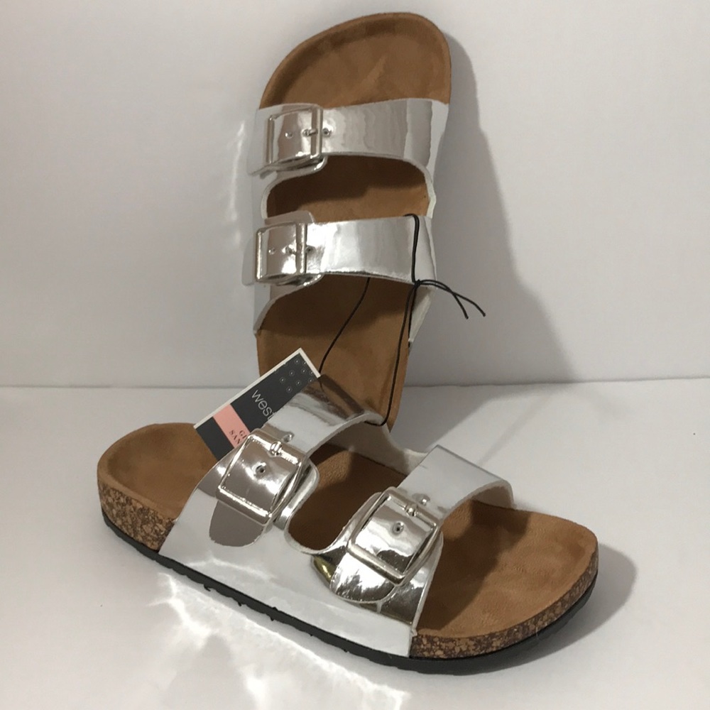 NWT Girls Sandals Silver Metallic Double Strap